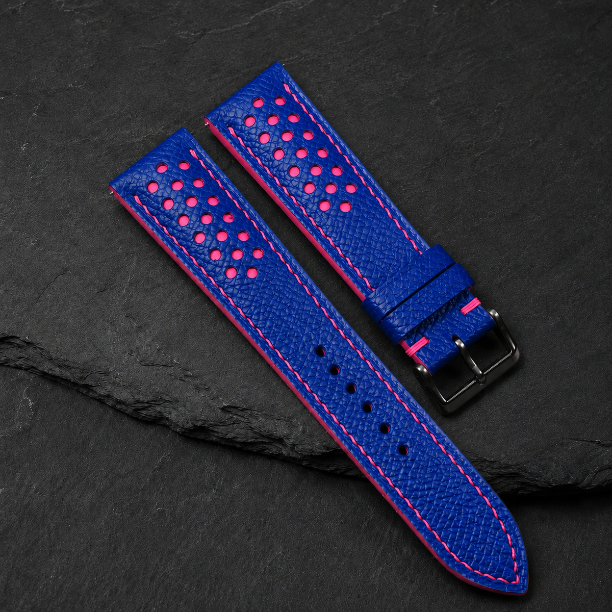 Blue and Pink Racing Small Holes Rally Epsom Leather Watch Strap