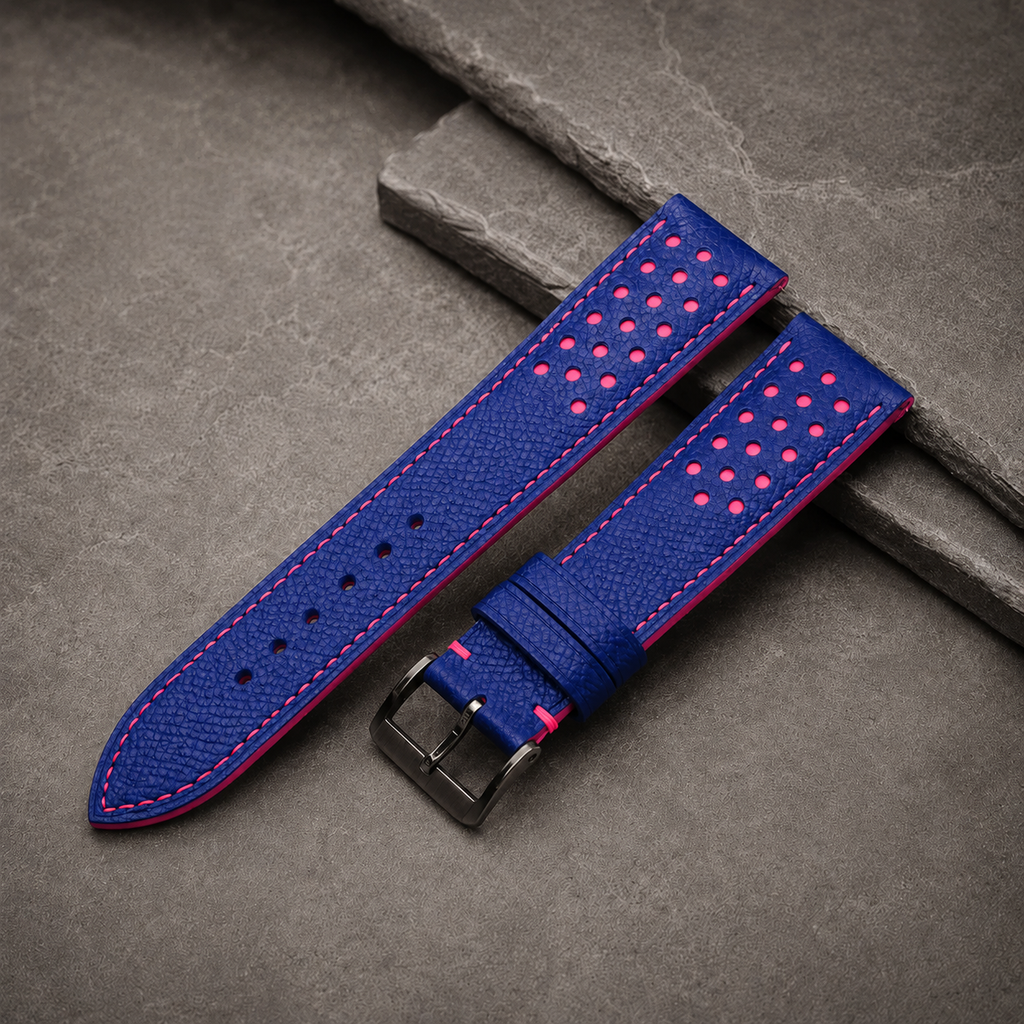 Blue and Pink Racing Small Holes Rally Epsom Leather Watch Strap