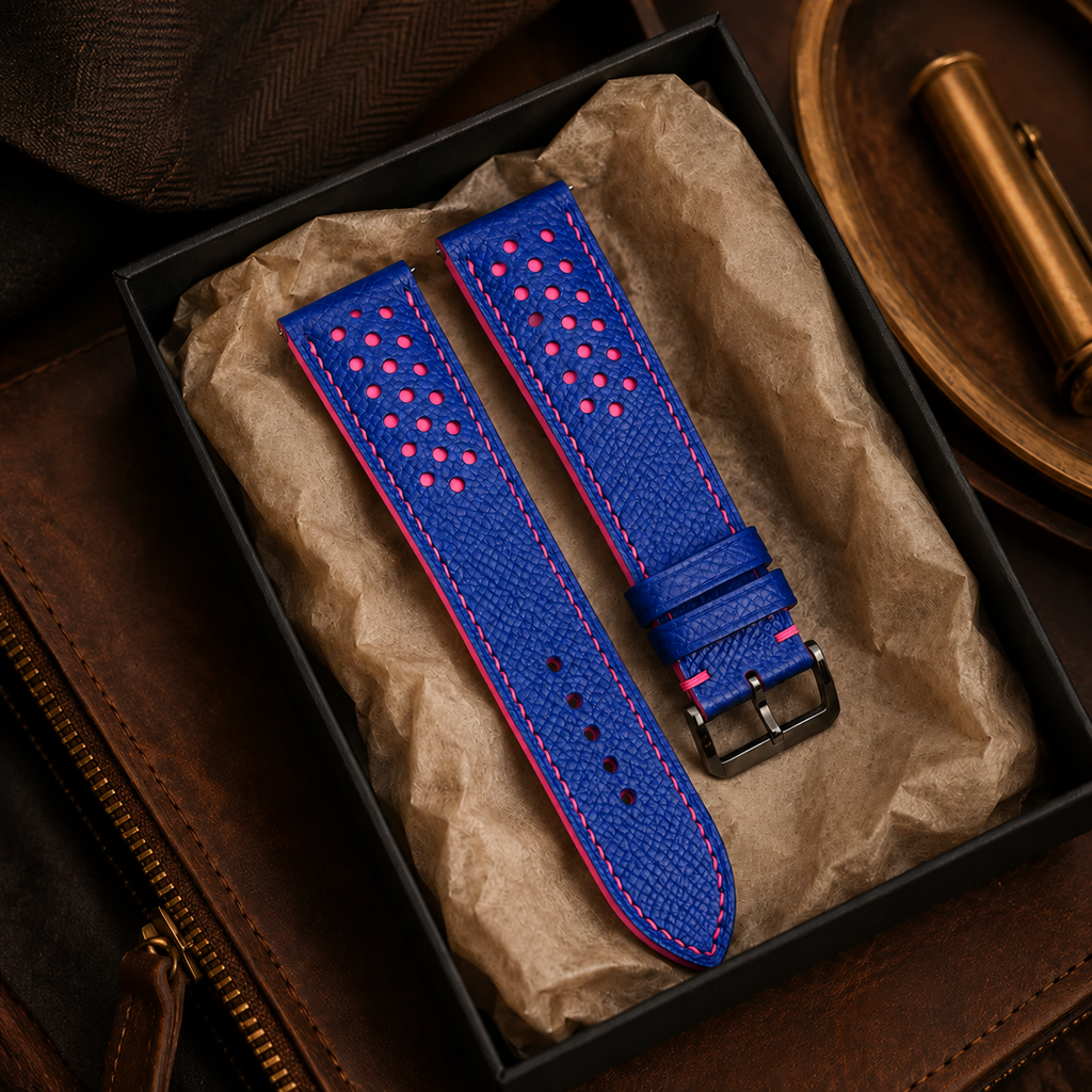 Blue and Pink Racing Small Holes Rally Epsom Leather Watch Strap