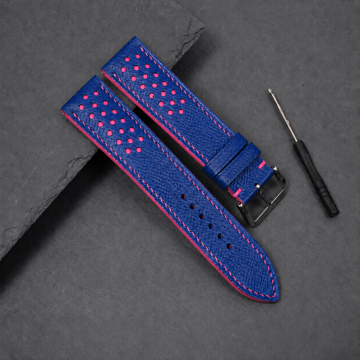 Blue and Pink Racing Small Holes Rally Epsom Leather Watch Strap