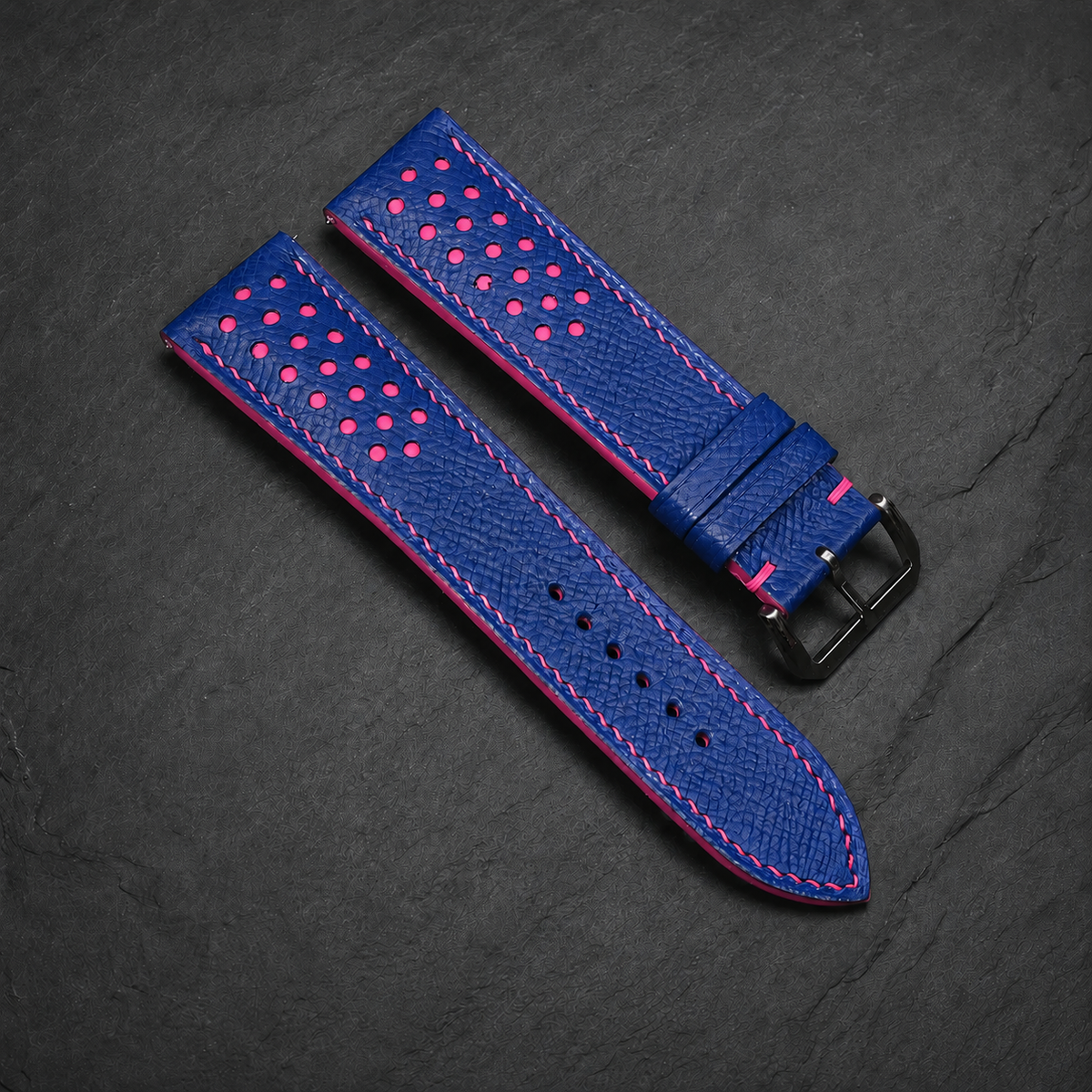 Blue and Pink Racing Small Holes Rally Epsom Leather Watch Strap