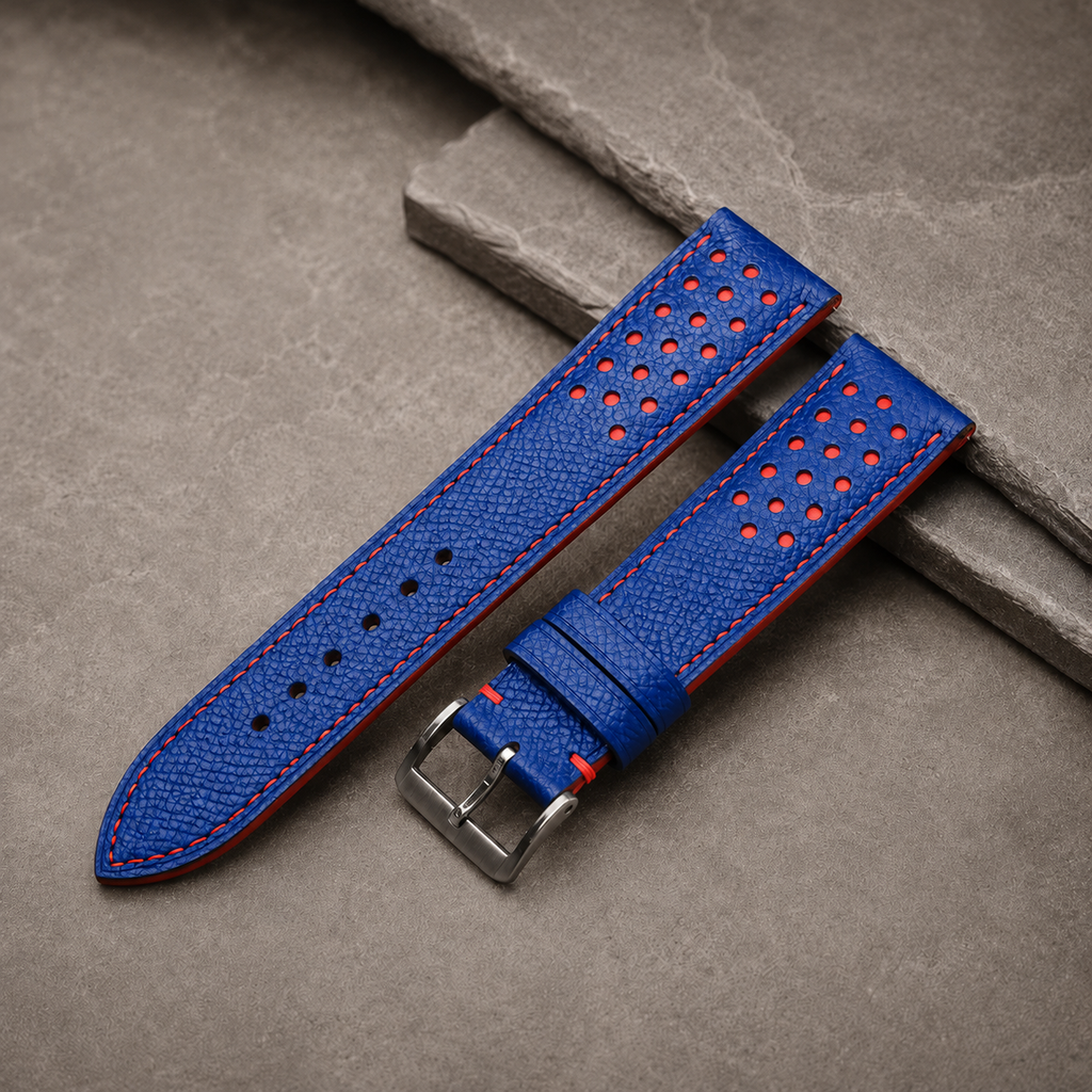 Blue and Red Racing Small Holes Rally Epsom Leather Watch Strap