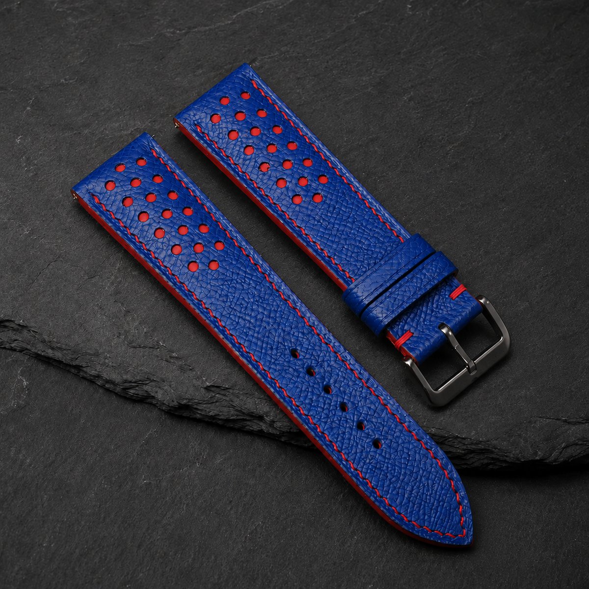 Blue and Red Racing Small Holes Rally Epsom Leather Watch Strap