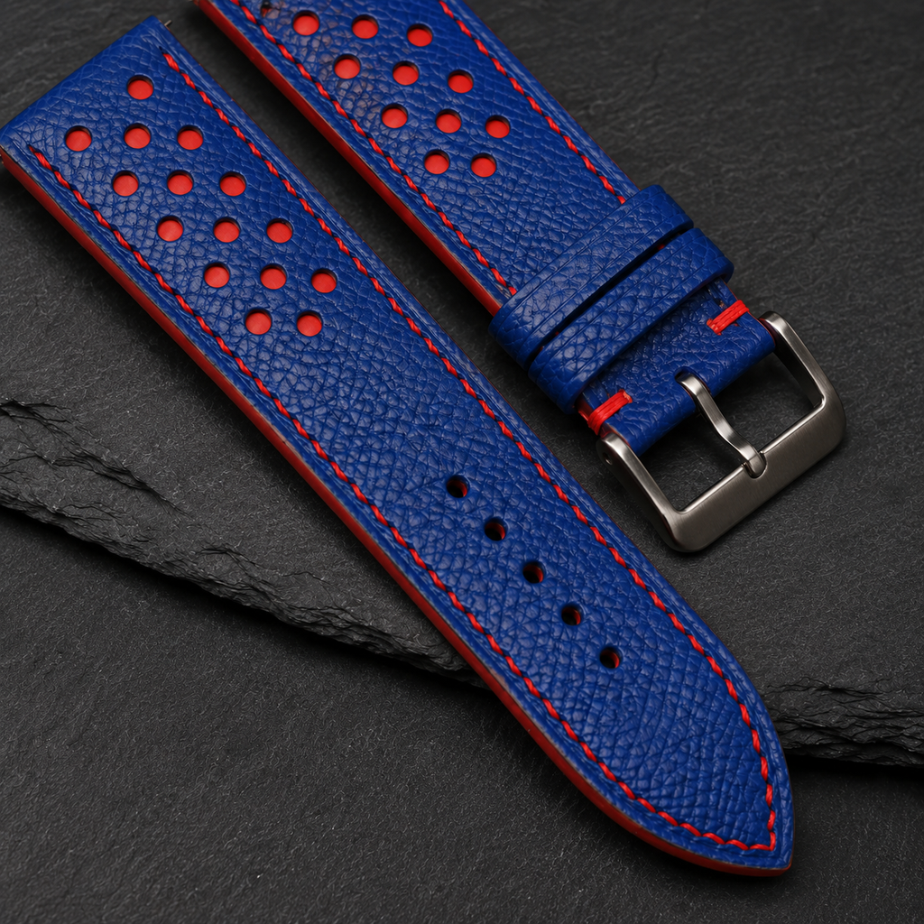 Blue and Red Racing Small Holes Rally Epsom Leather Watch Strap
