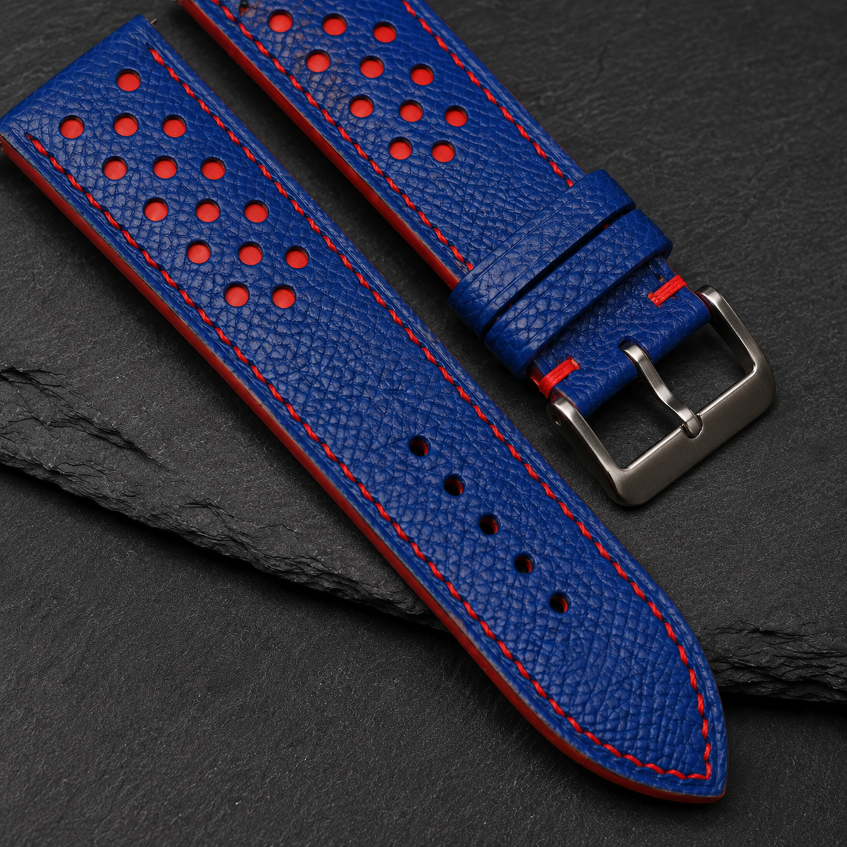 Blue and Red Racing Small Holes Rally Epsom Leather Watch Strap