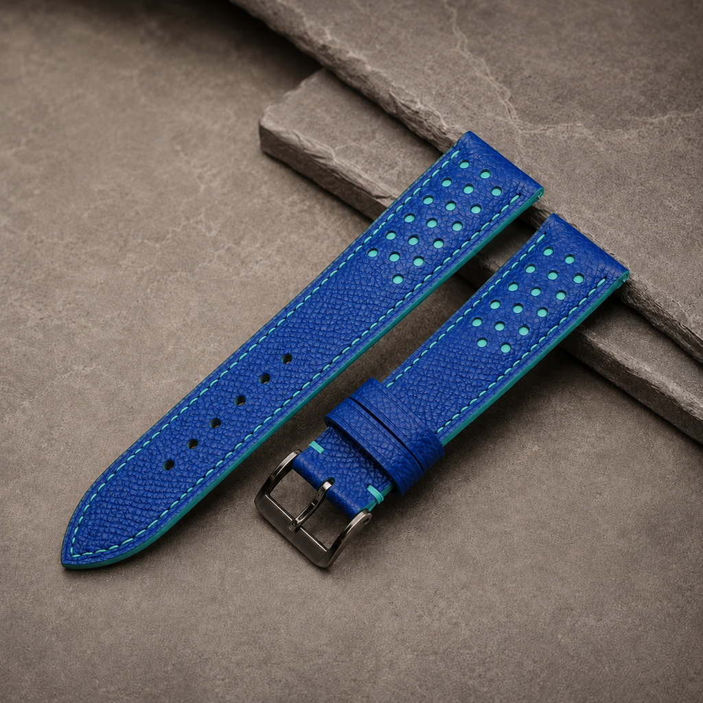 Blue and Turquoise Racing Small Holes Rally Epsom Leather Watch Strap