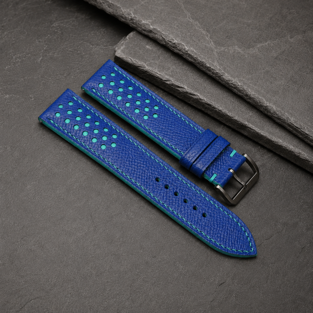 Blue and Turquoise Racing Small Holes Rally Epsom Leather Watch Strap