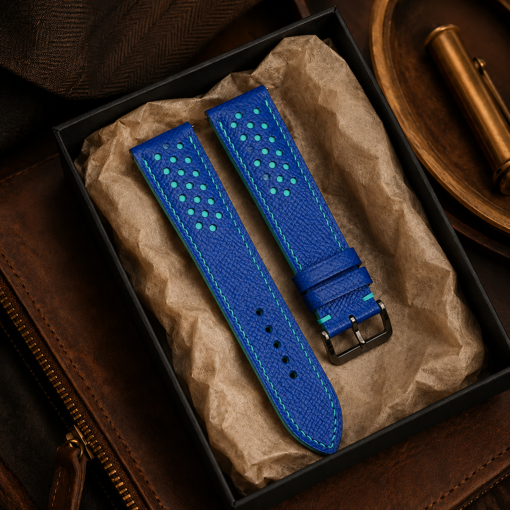 Blue and Turquoise Racing Small Holes Rally Epsom Leather Watch Strap