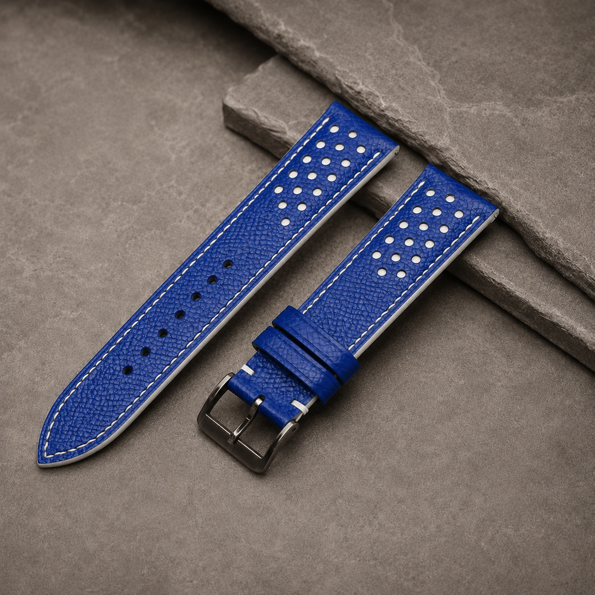 Blue and White Racing Small Holes Rally Epsom Leather Watch Strap