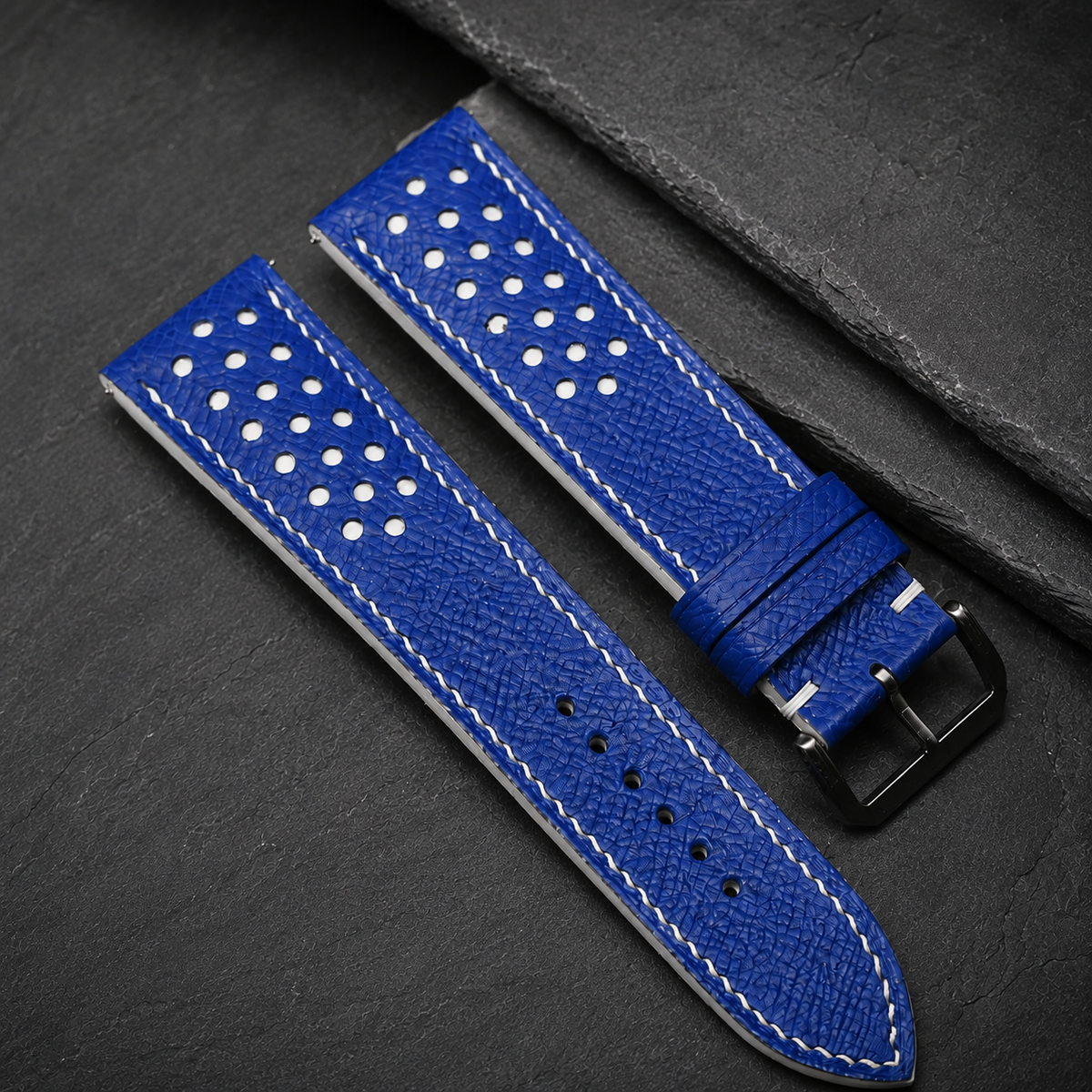 Blue and White Racing Small Holes Rally Epsom Leather Watch Strap