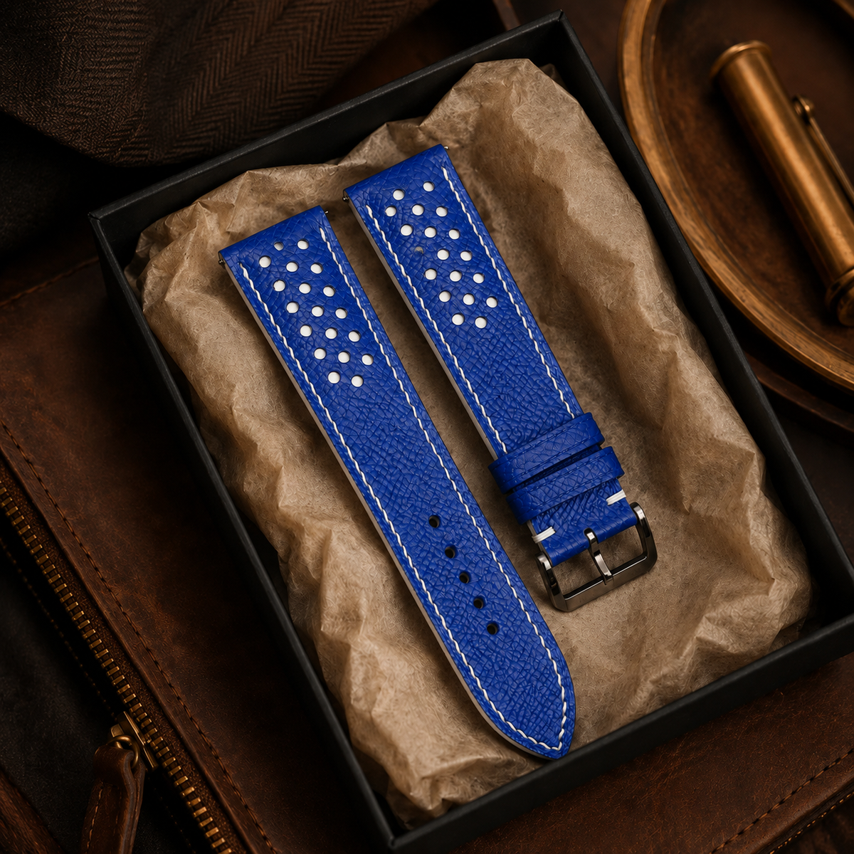 Blue and White Racing Small Holes Rally Epsom Leather Watch Strap
