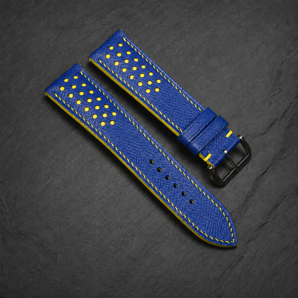 Blue and Yellow Racing Small Holes Rally Epsom Leather Watch Strap