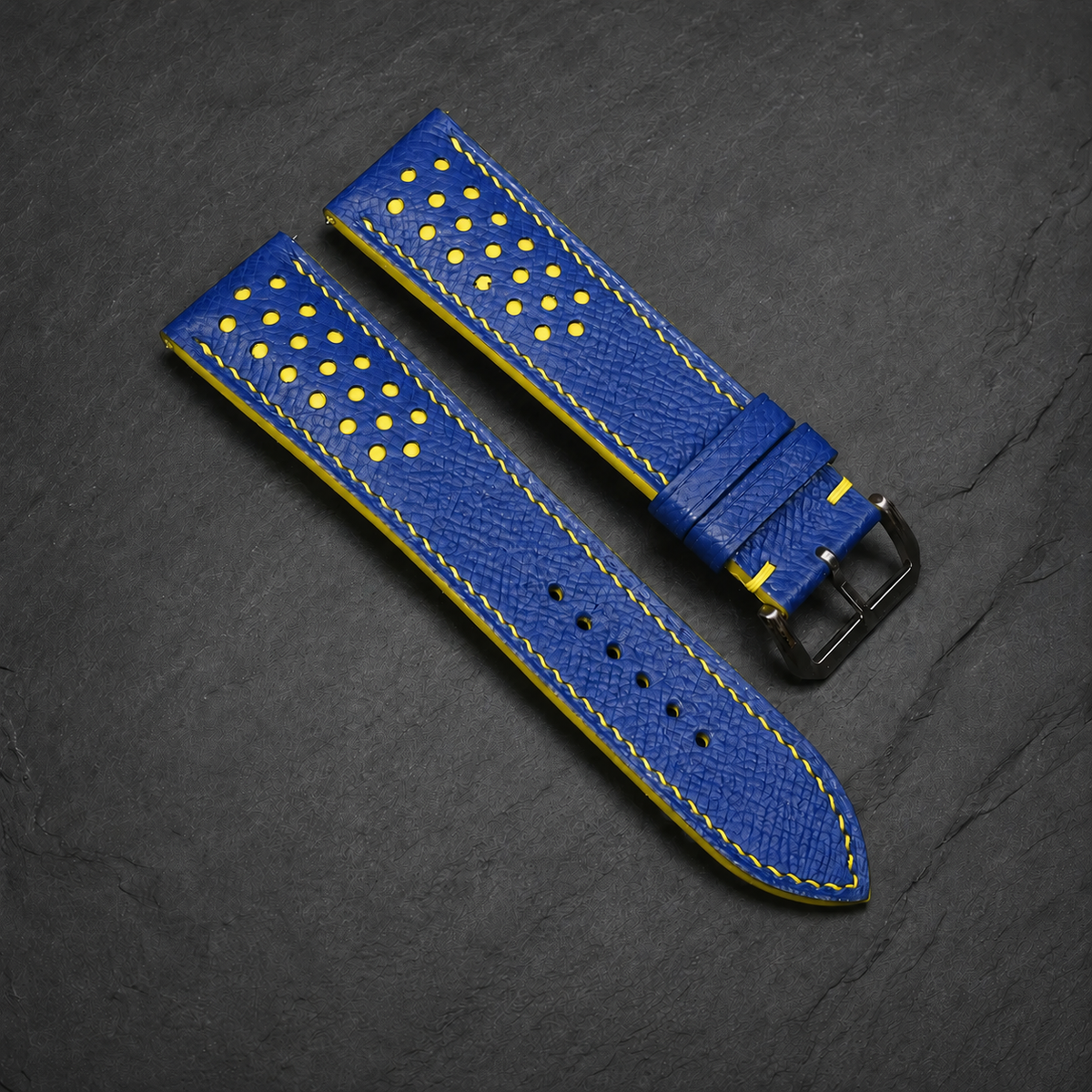 Blue and Yellow Racing Small Holes Rally Epsom Leather Watch Strap