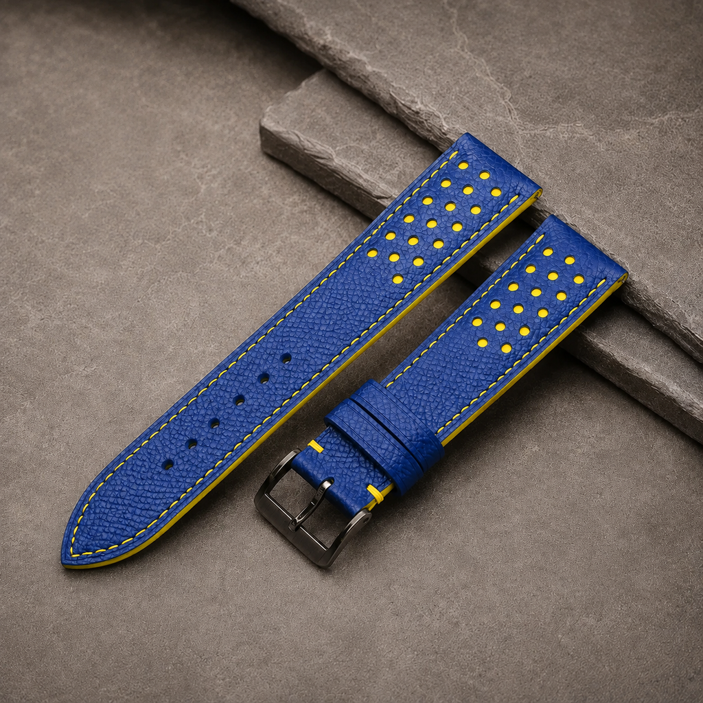 Blue and Yellow Racing Small Holes Rally Epsom Leather Watch Strap