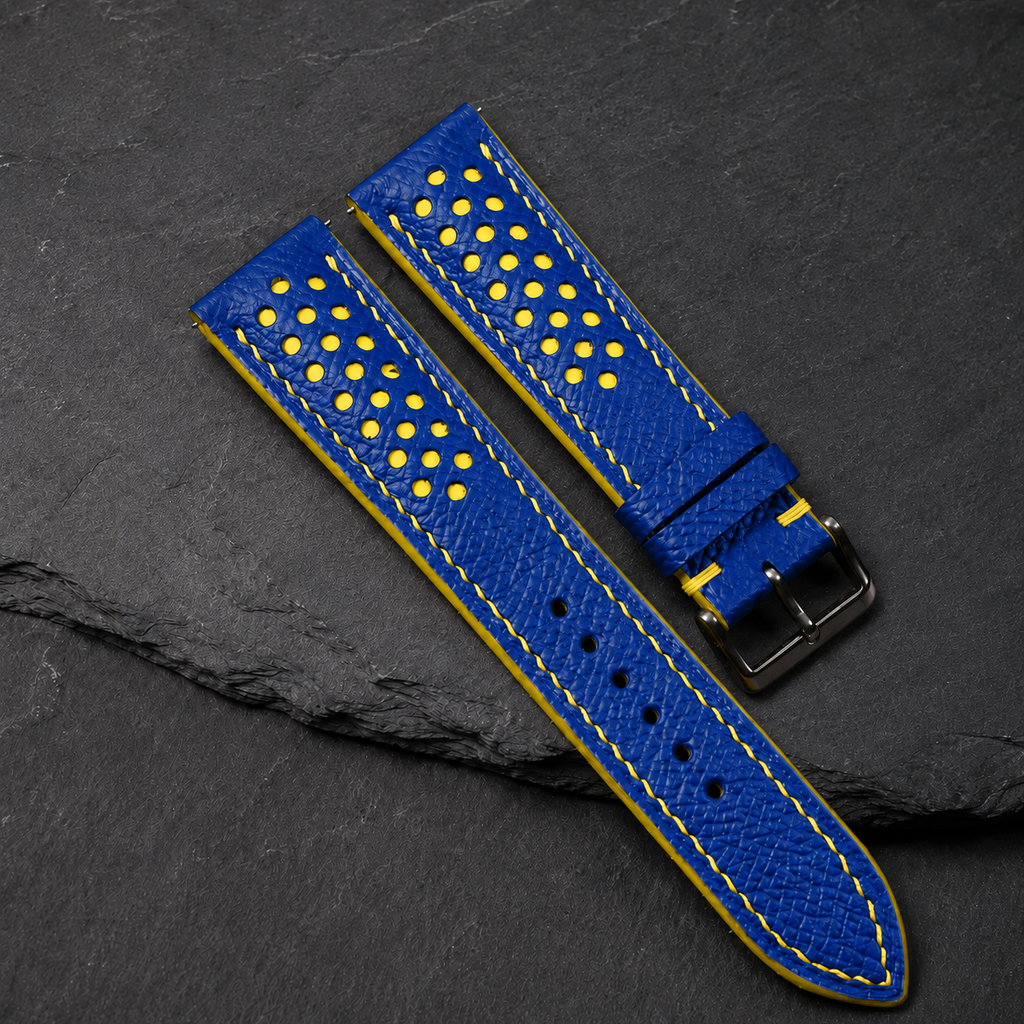 Blue and Yellow Racing Small Holes Rally Epsom Leather Watch Strap