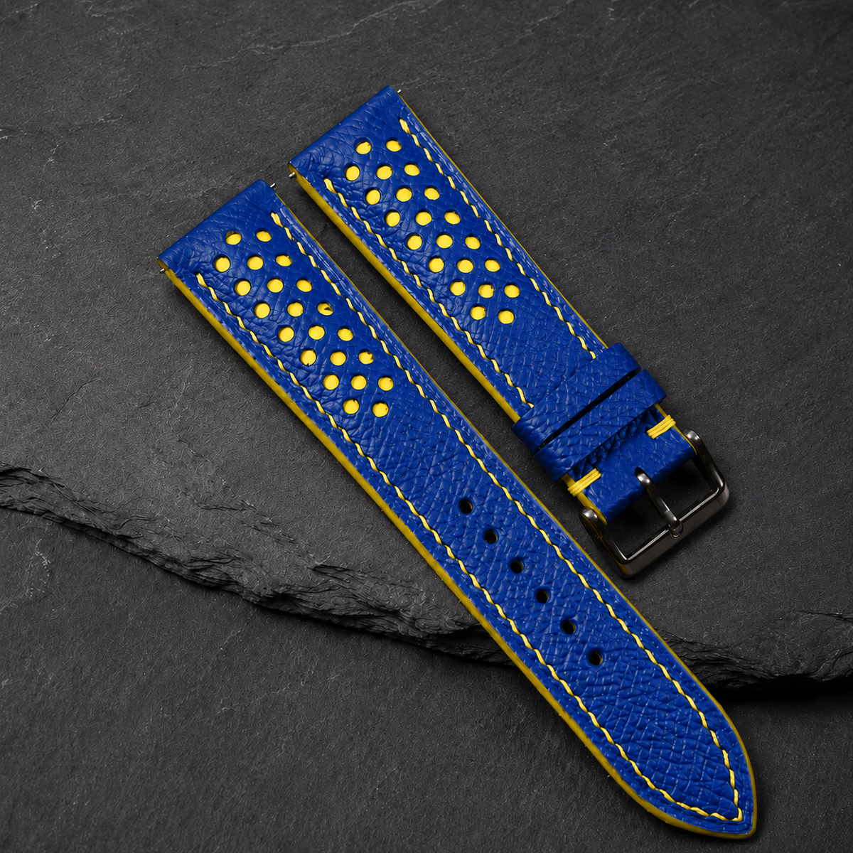 Blue and Yellow Racing Small Holes Rally Epsom Leather Watch Strap