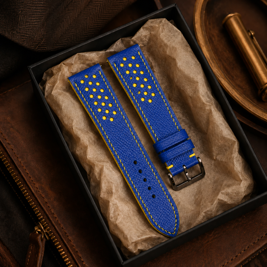Blue and Yellow Racing Small Holes Rally Epsom Leather Watch Strap