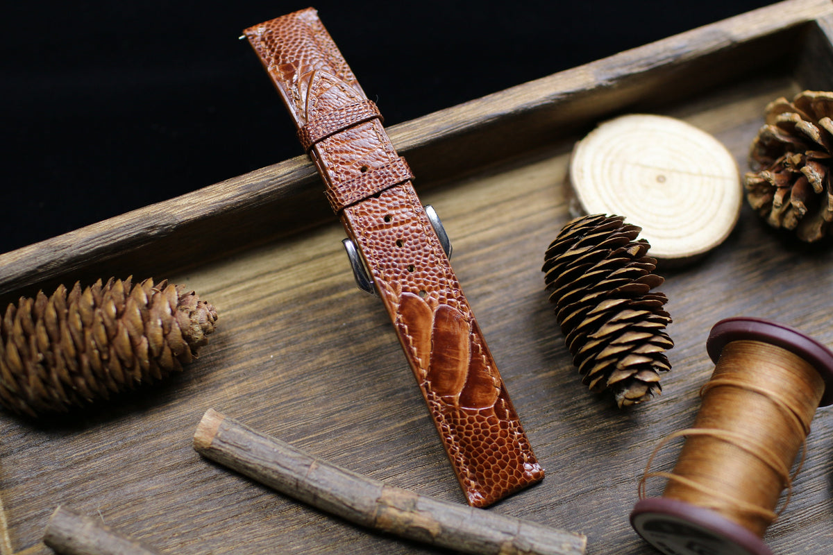 British tan ostrich leg watch strap, long piece with large central scales
