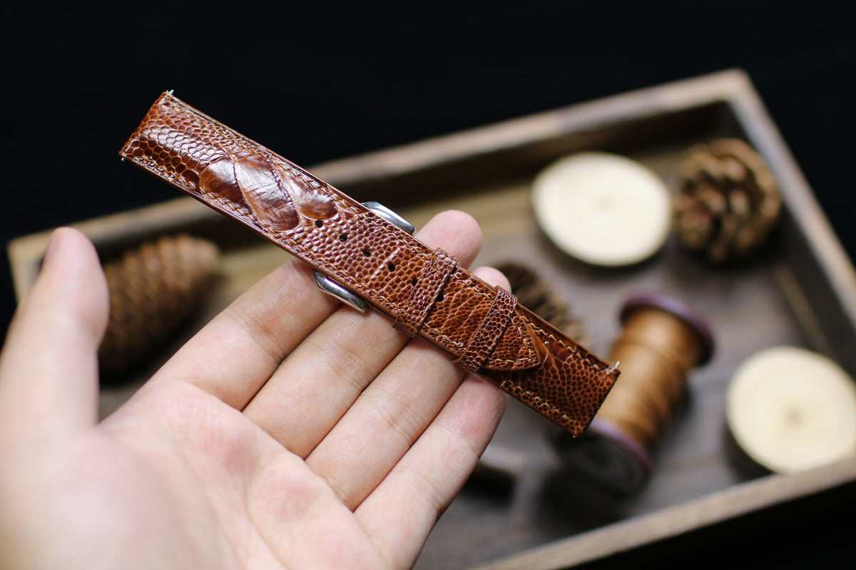 Holding the British tan ostrich leg leather watch strap
