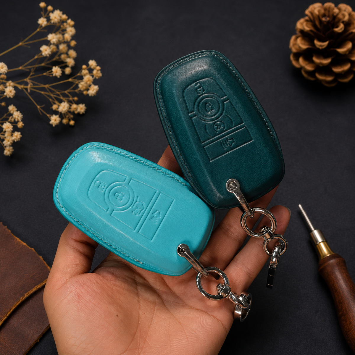 Custom Leather Key Fob Cover Compatible with Ford Bronco Sport
