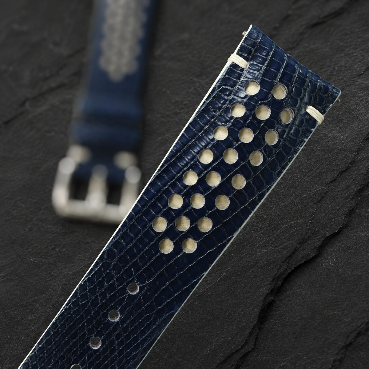 Navy and Cream Racing Holes Rally Lizard Leather Watch Strap