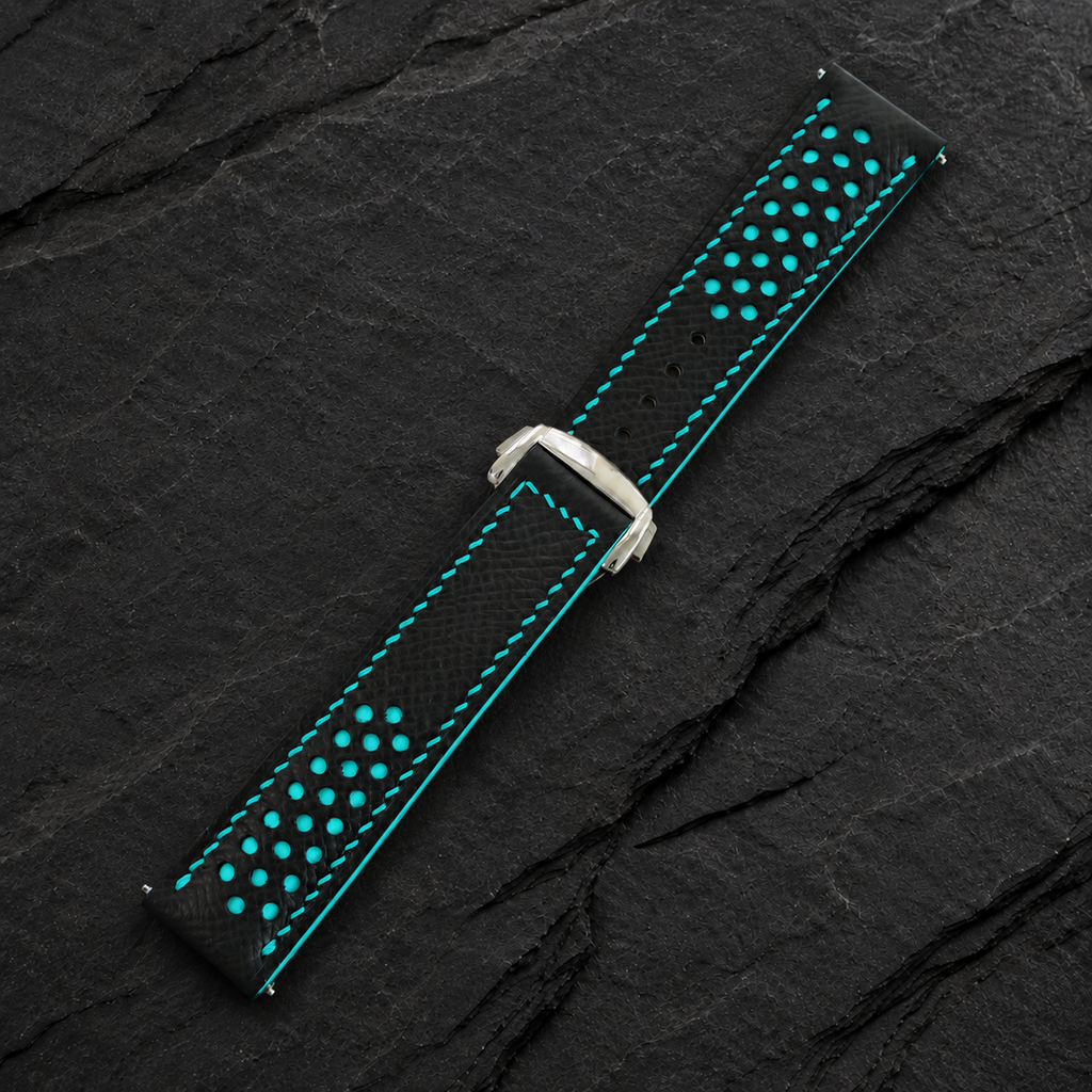 Deployant Black Turquoise Racing Holes Rally Epsom Leather Watch Strap