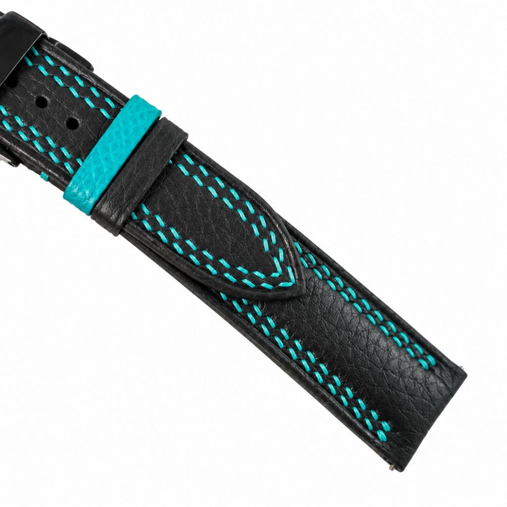 Black Togo Turquoise Double Stitch Leather Watch Strap