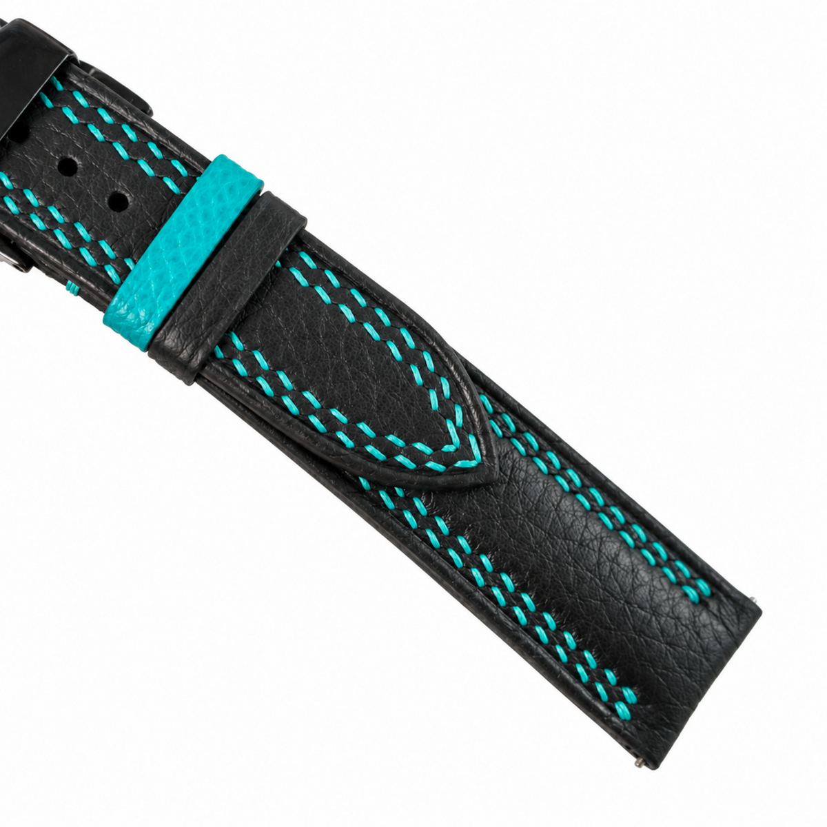 Black Togo Turquoise Double Stitch Leather Watch Strap