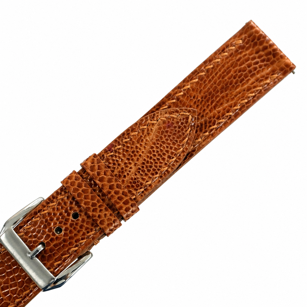 Flat Golden Cognac Ostrich Leg Leather Watch Strap