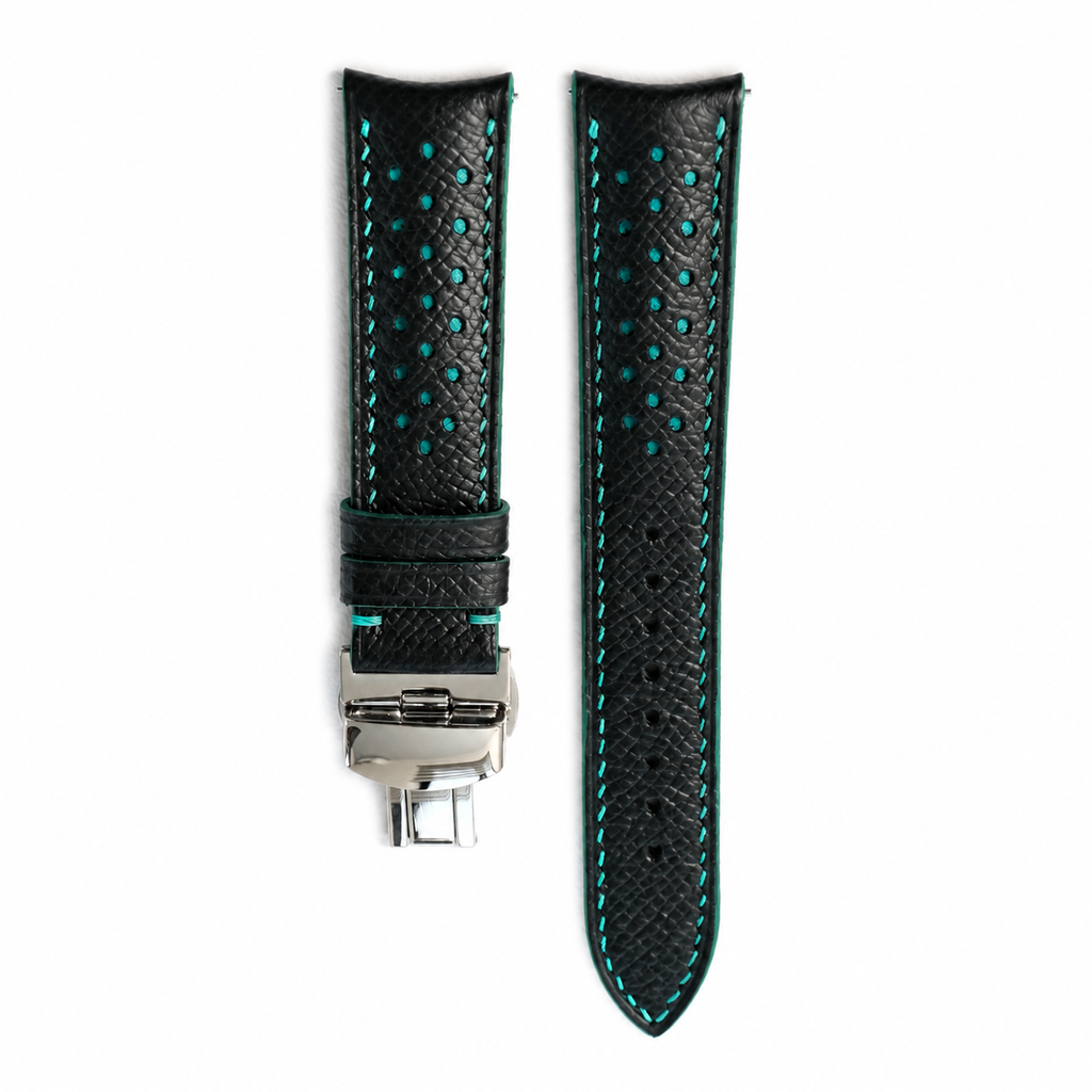 Curved End Black Turquoise Racing Holes Rally Epsom Leather Watch Strap