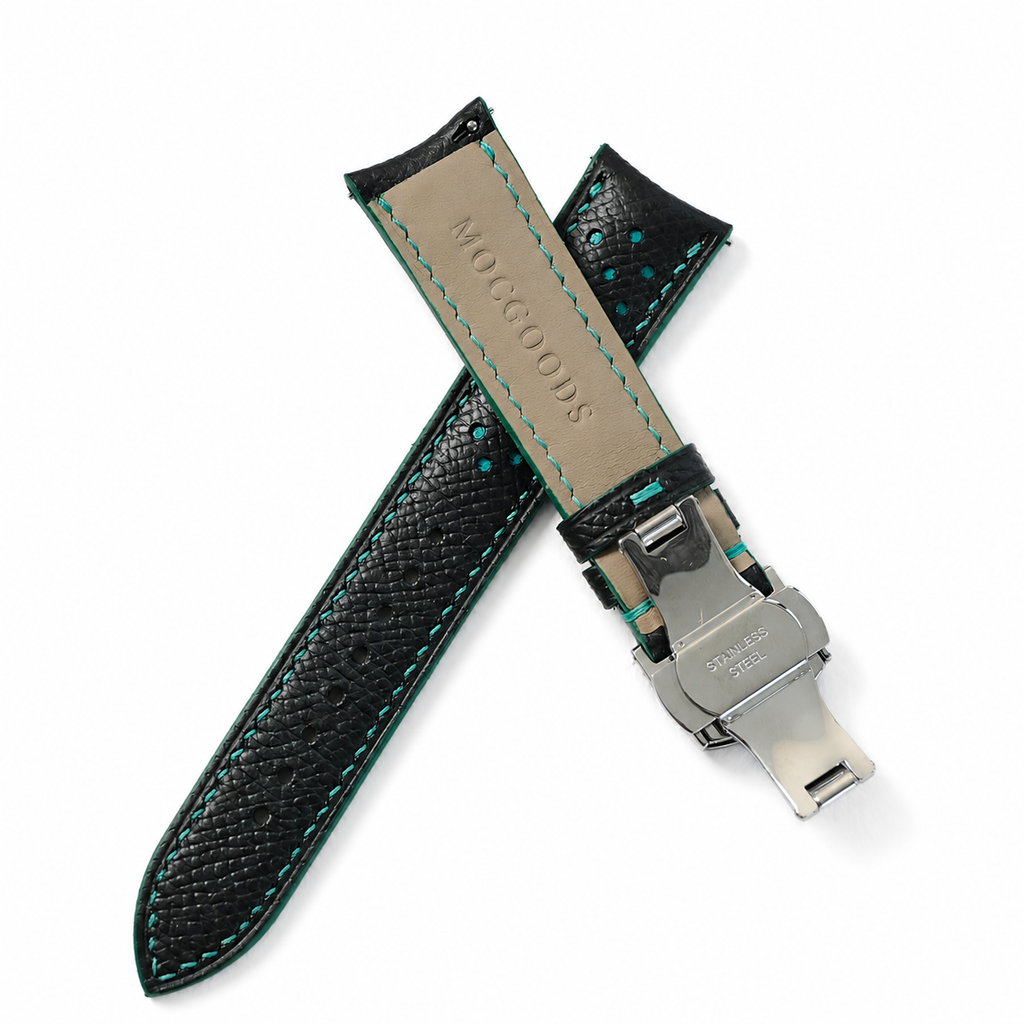 Curved End Black Turquoise Racing Holes Rally Epsom Leather Watch Strap