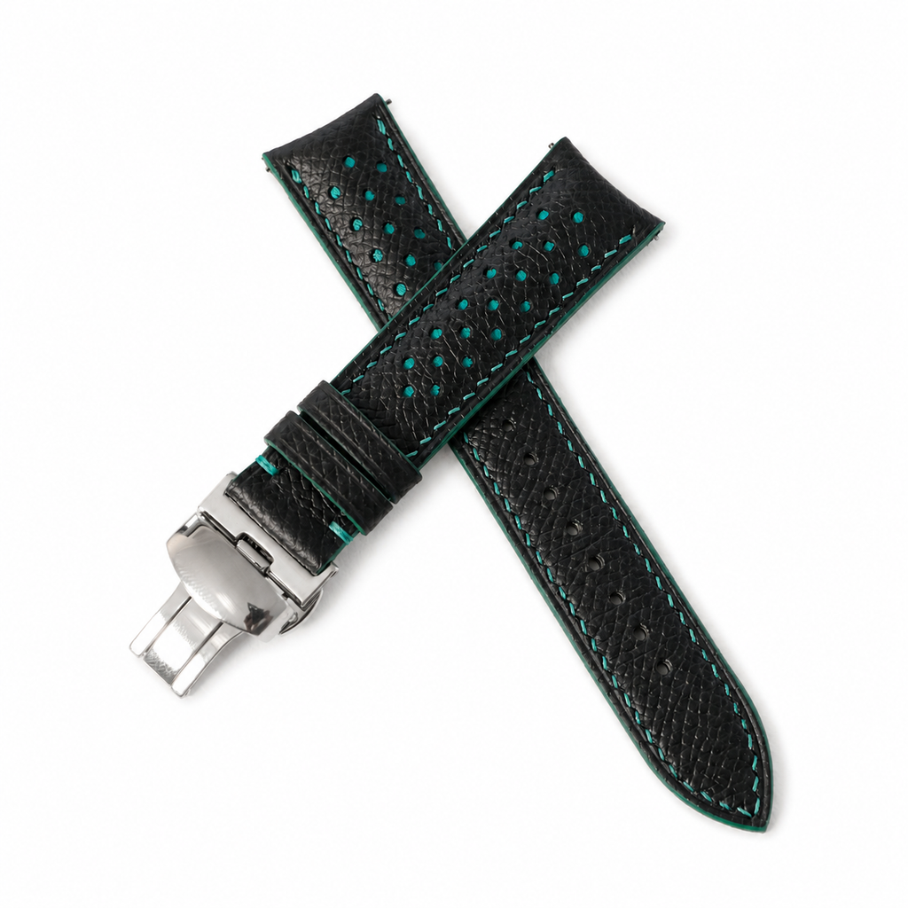 Curved End Black Turquoise Racing Holes Rally Epsom Leather Watch Strap