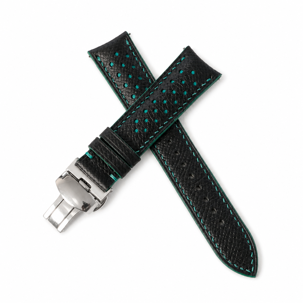 Curved End Black Turquoise Racing Holes Rally Epsom Leather Watch Strap