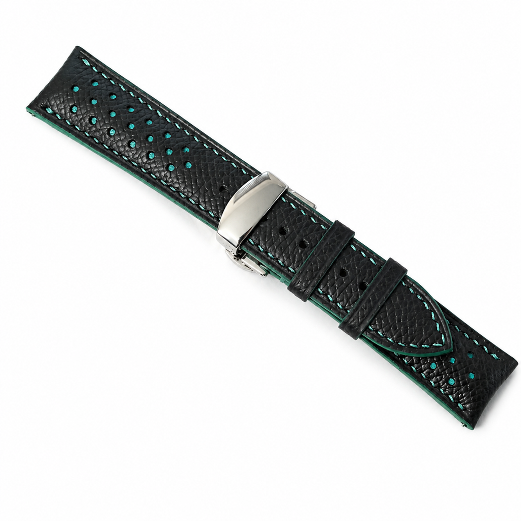Curved End Black Turquoise Racing Holes Rally Epsom Leather Watch Strap