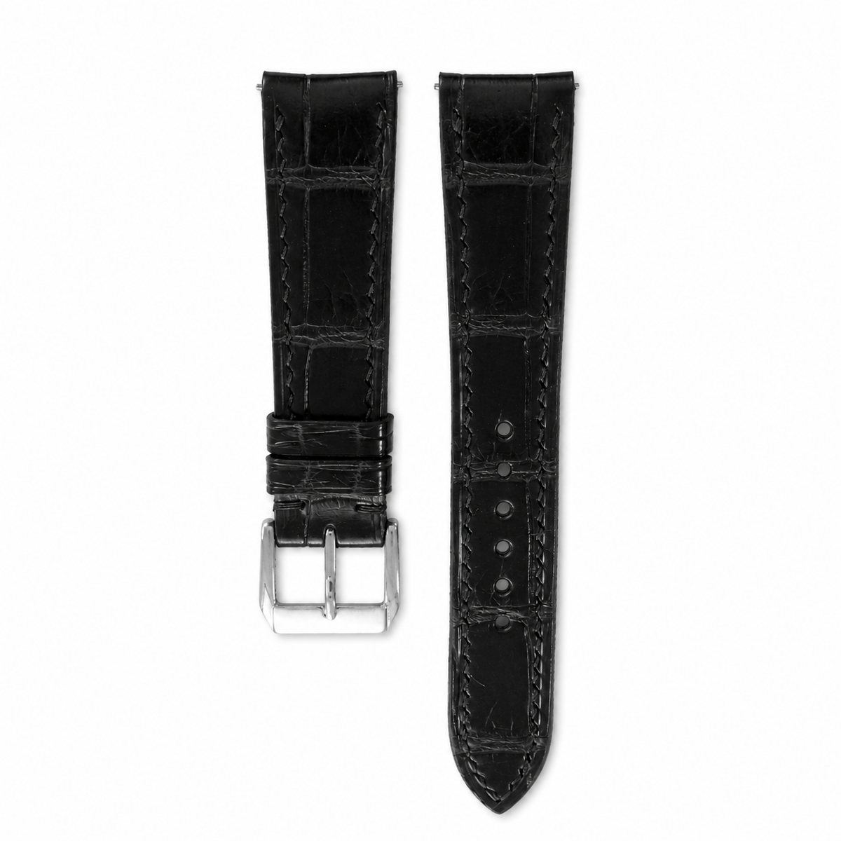Curved End Flat Black Alligator Leather Watch Strap