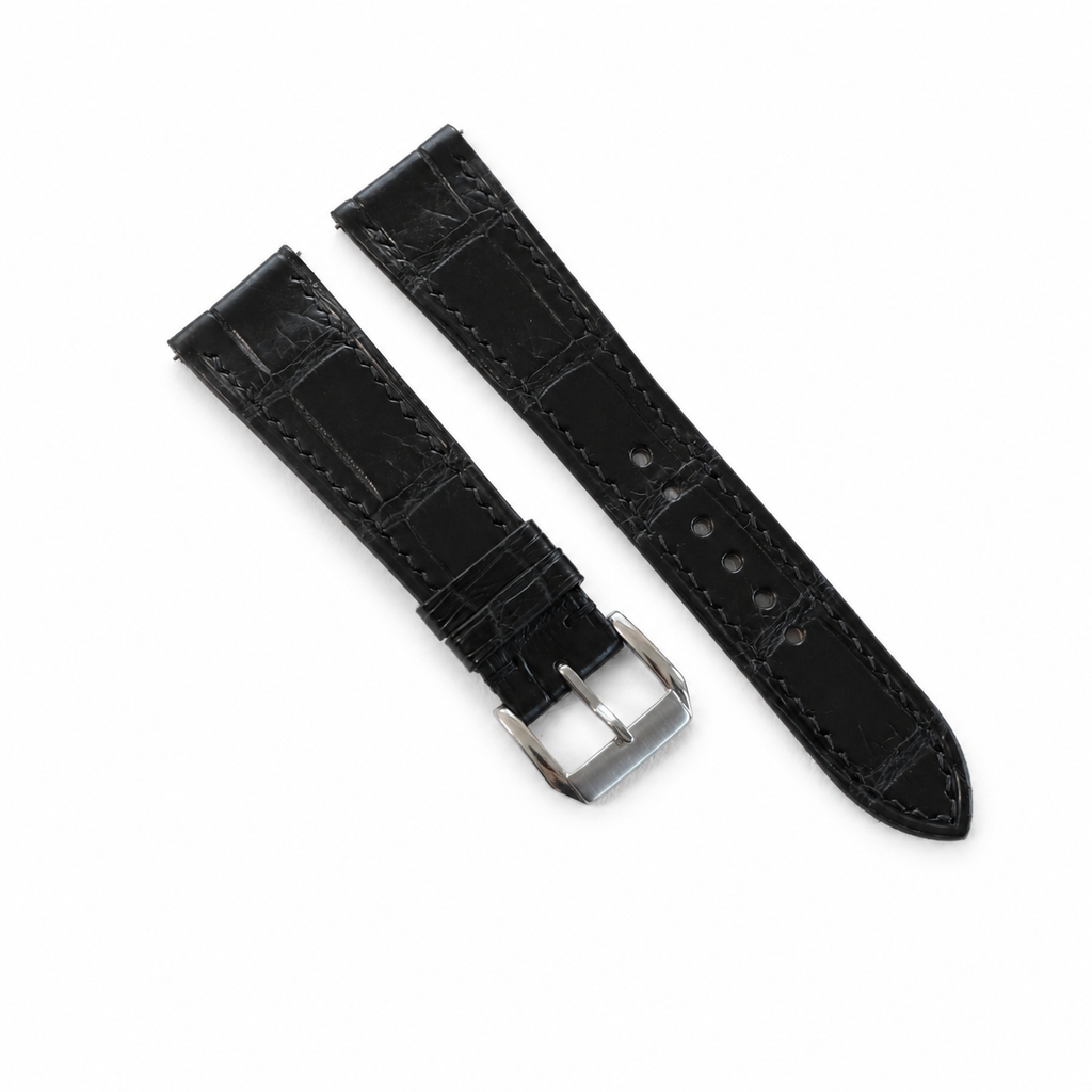 Curved End Flat Black Alligator Leather Watch Strap