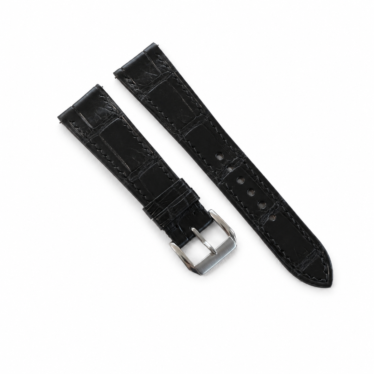 Curved End Flat Black Alligator Leather Watch Strap