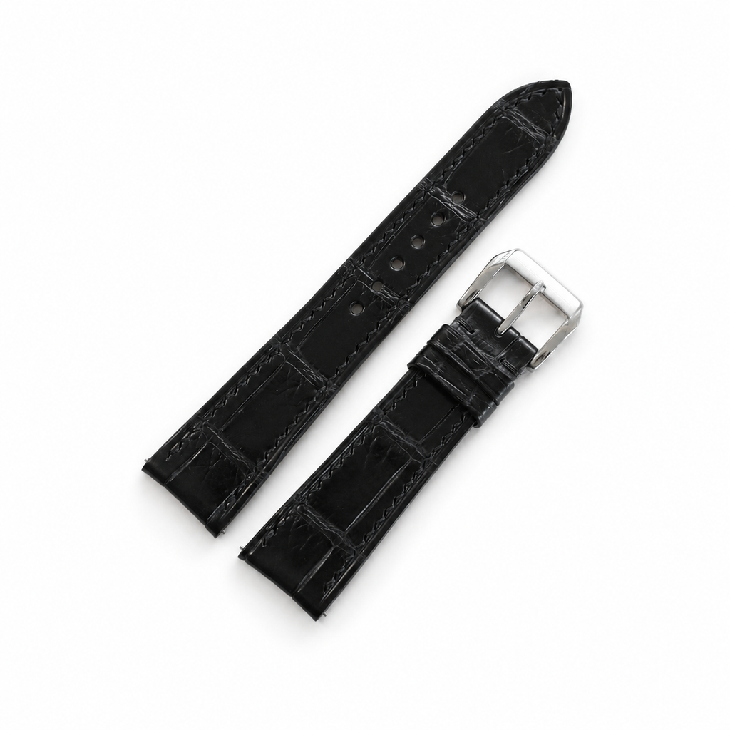 Curved End Flat Black Alligator Leather Watch Strap