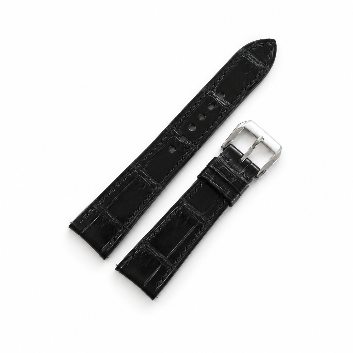 Curved End Flat Black Alligator Leather Watch Strap