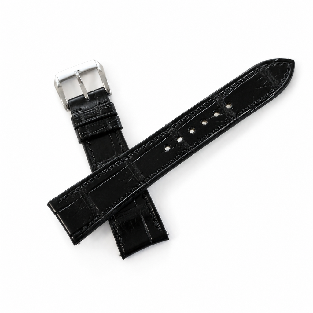 Curved End Flat Black Alligator Leather Watch Strap