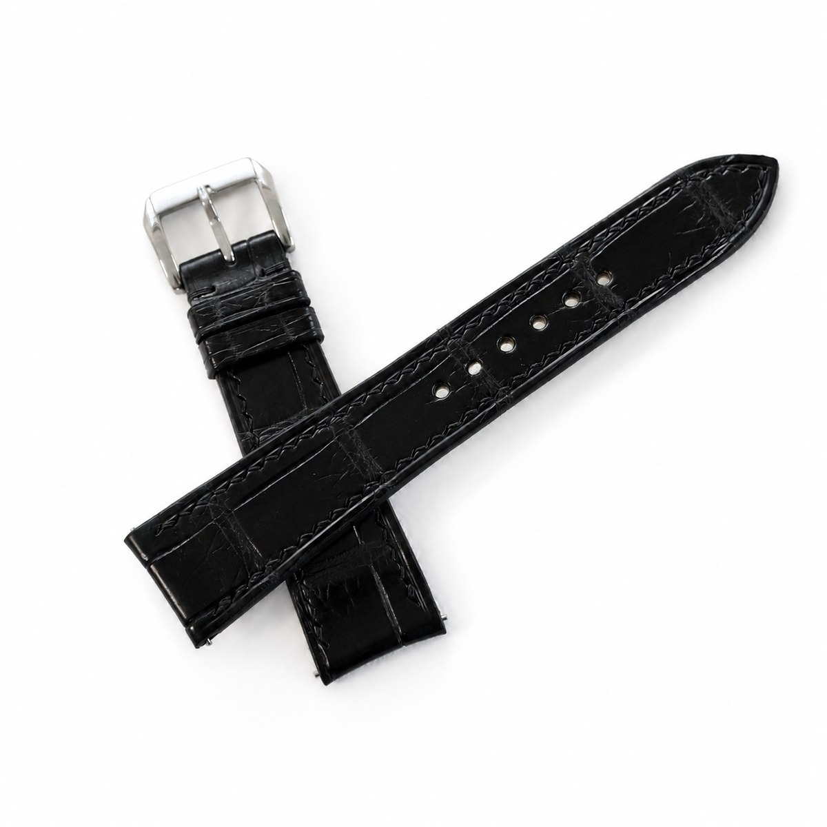 Curved End Flat Black Alligator Leather Watch Strap