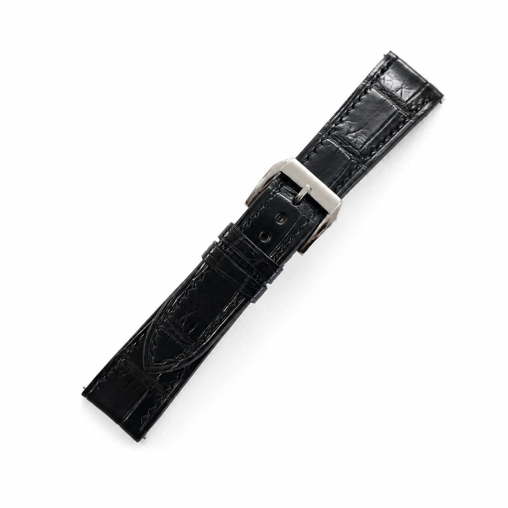 Curved End Flat Black Alligator Leather Watch Strap