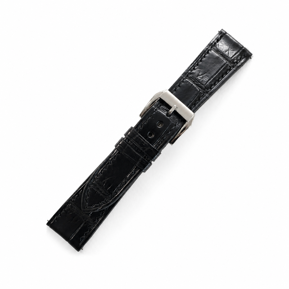 Curved End Flat Black Alligator Leather Watch Strap
