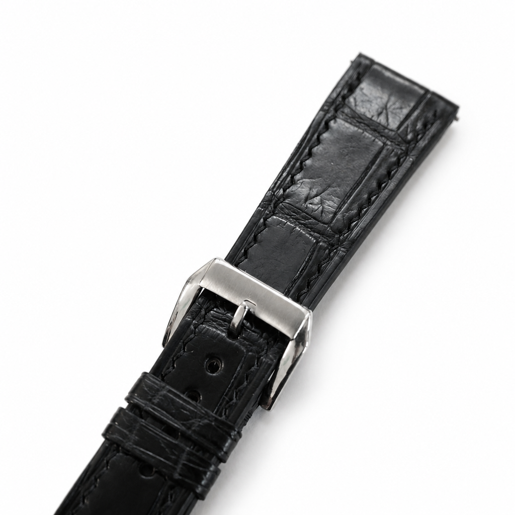 Curved End Flat Black Alligator Leather Watch Strap