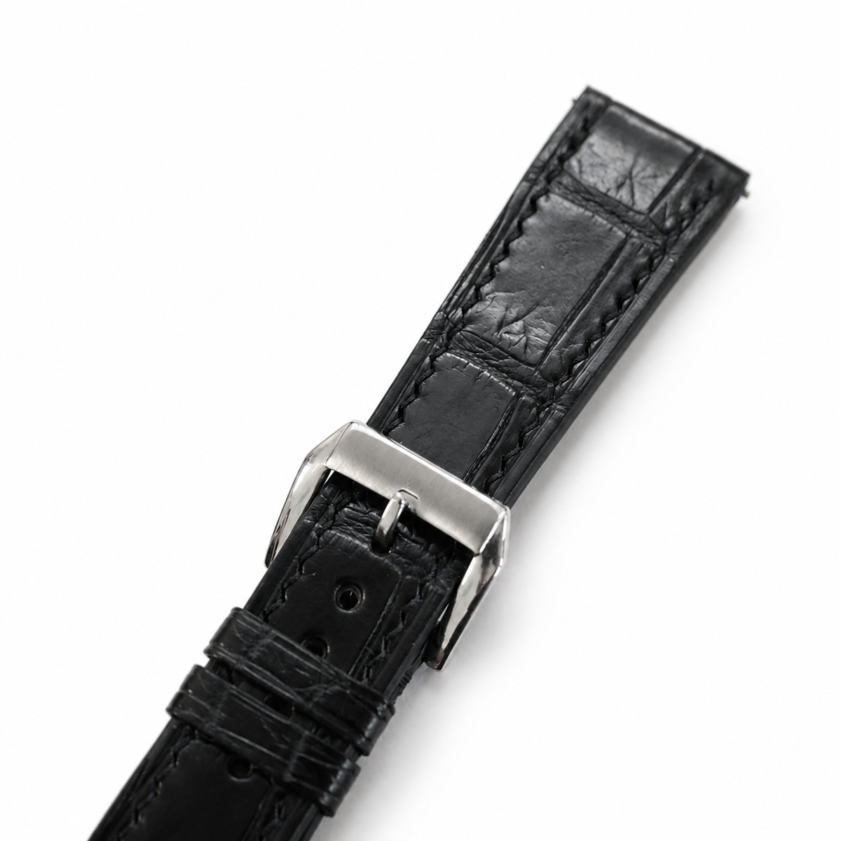 Curved End Flat Black Alligator Leather Watch Strap