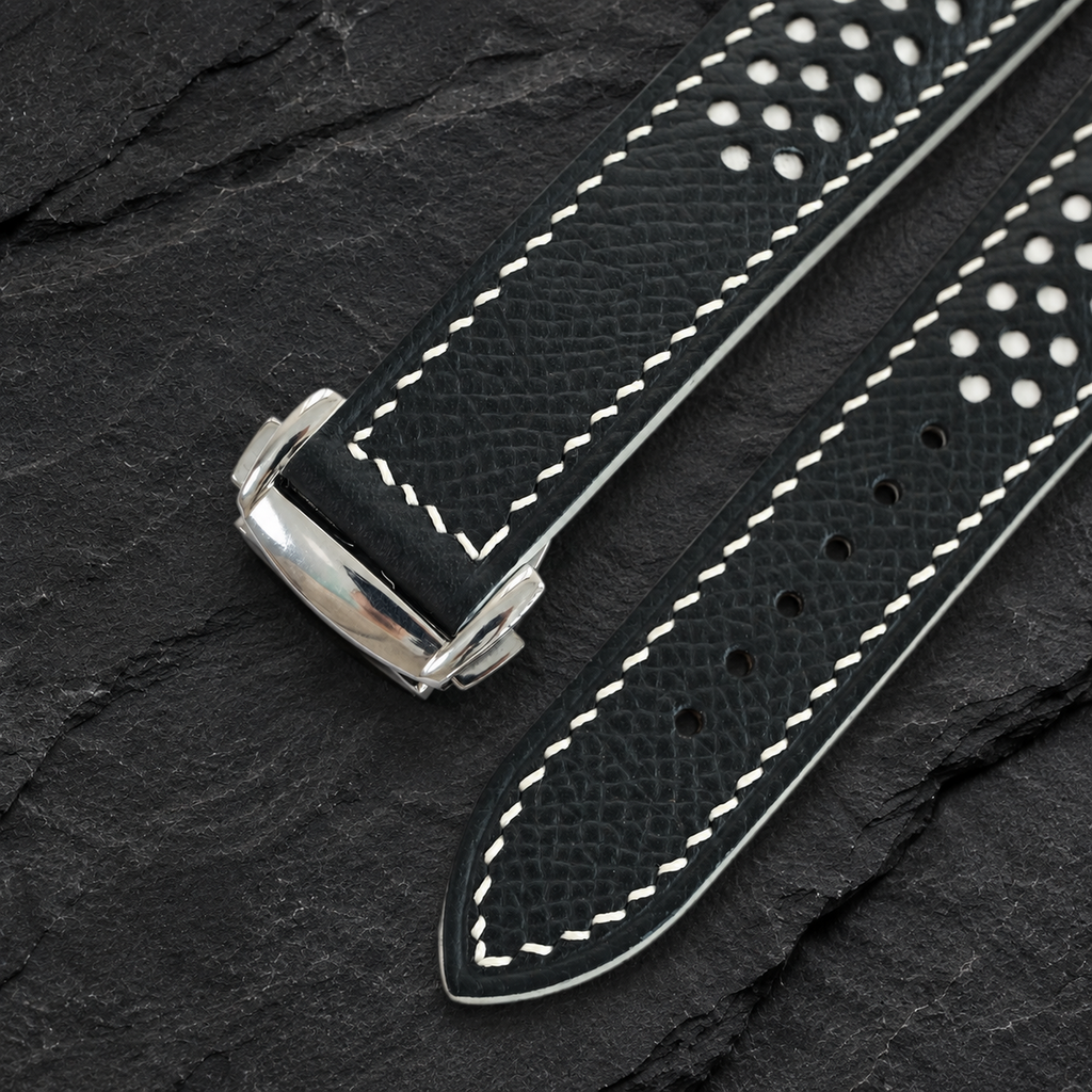 Deployant Black White Racing Holes Rally Epsom Leather Watch Strap