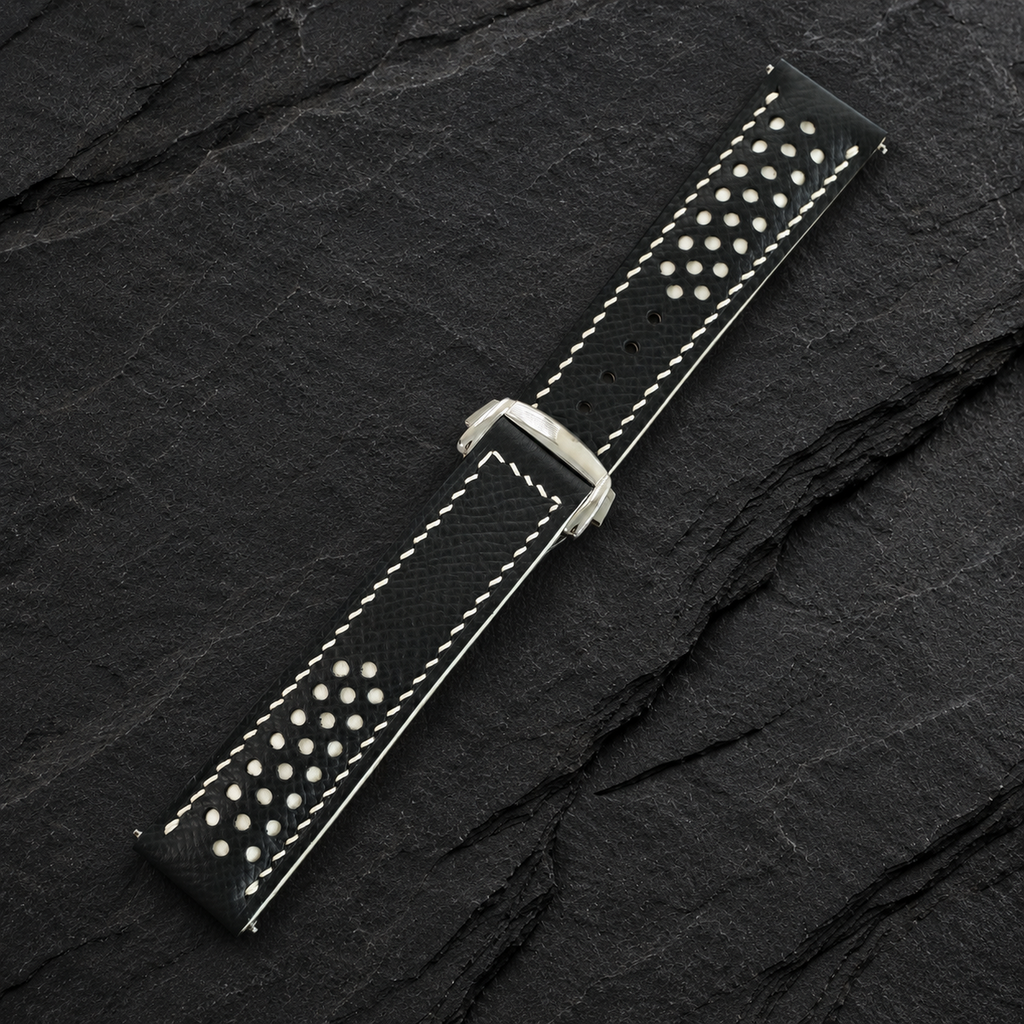 Deployant Black White Racing Holes Rally Epsom Leather Watch Strap