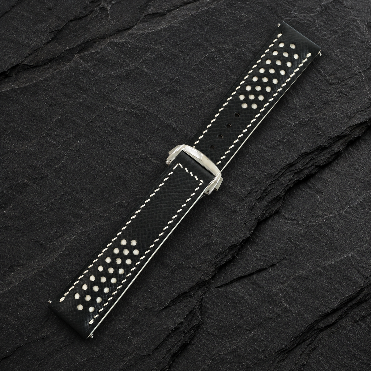 Deployant Black White Racing Holes Rally Epsom Leather Watch Strap