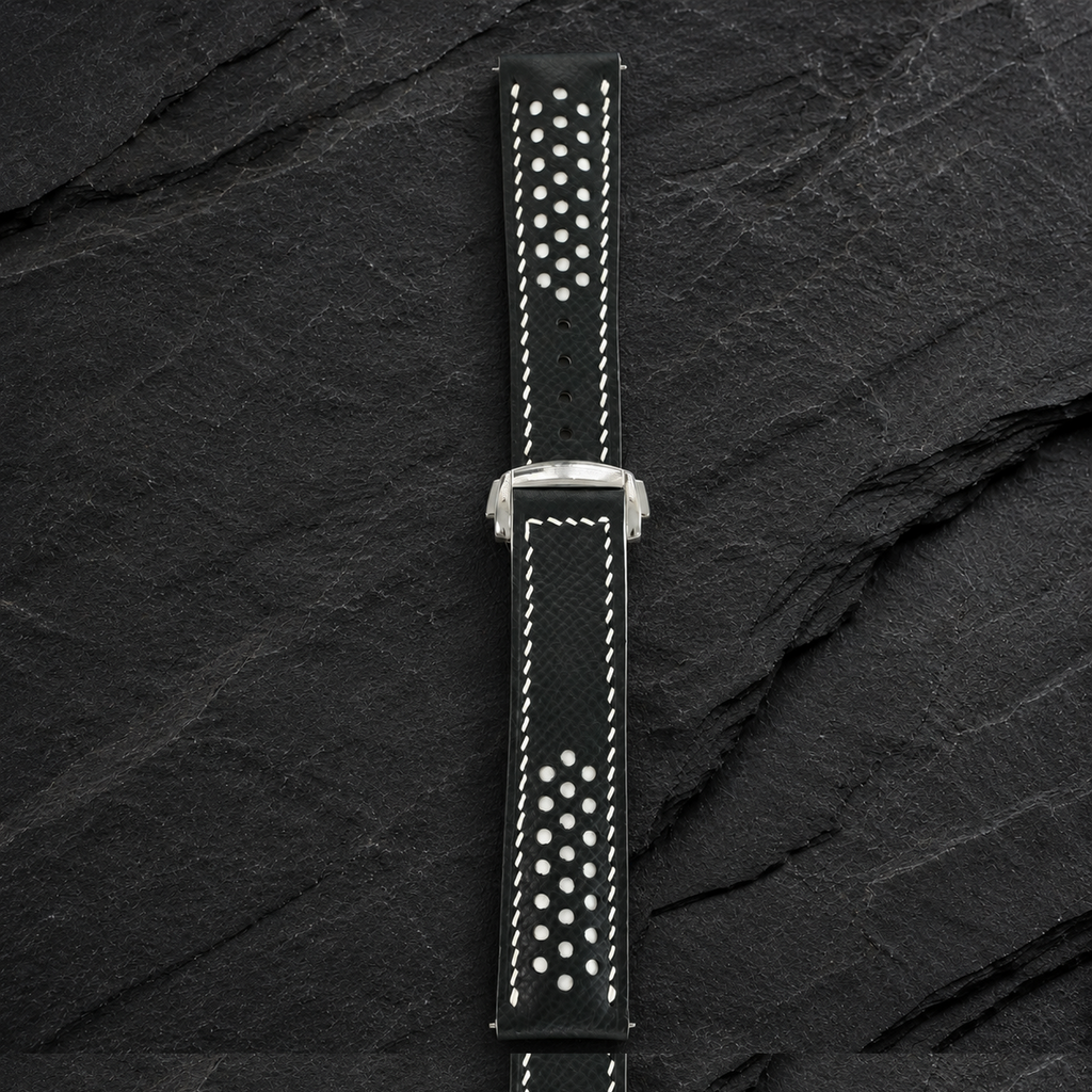Deployant Black White Racing Holes Rally Epsom Leather Watch Strap