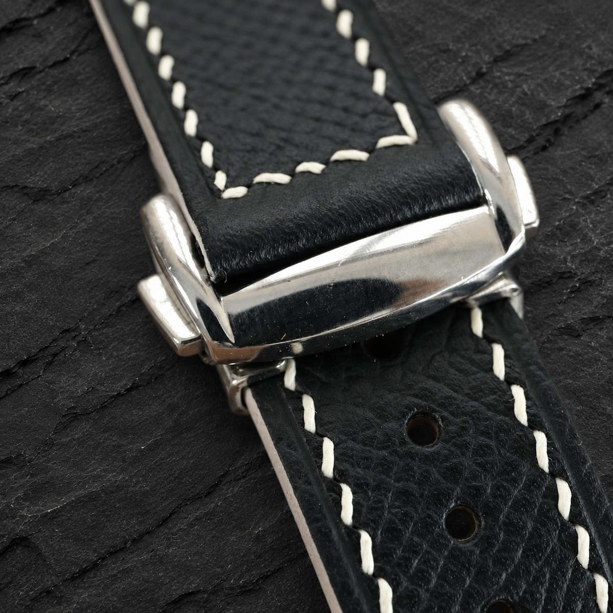 Deployant Black White Racing Holes Rally Epsom Leather Watch Strap